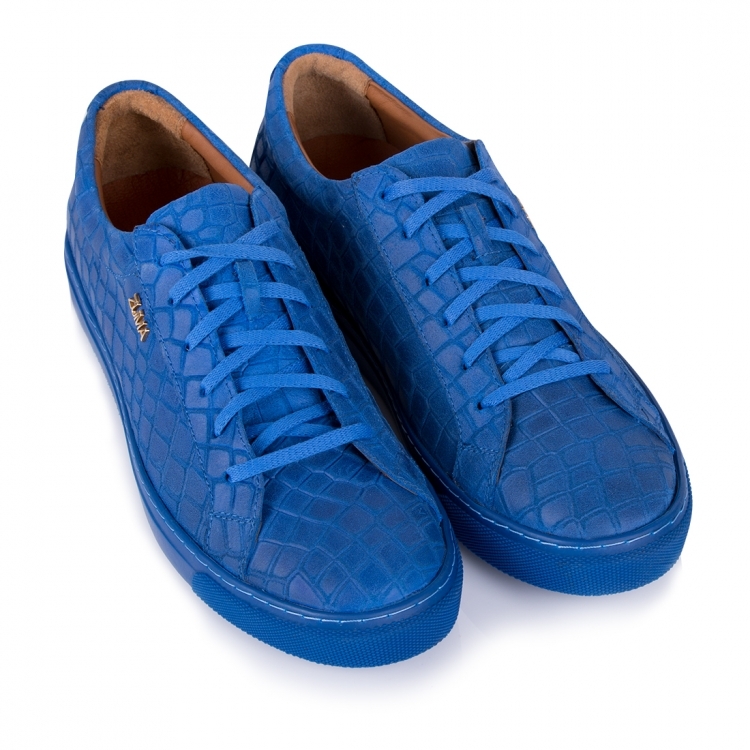 1004 Blue Women Croco Embossed Leather Sneaker