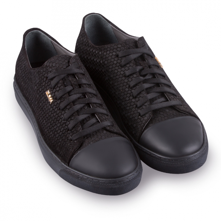 123 BLACK HONEYCOMB EMBOSSED LEATHER SNEAKER, With CAP TOE